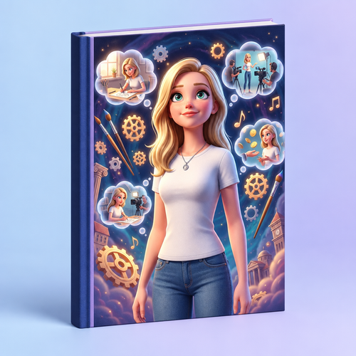 Illustratives Buch-Mockup mit einer Frau und Gedankenbildern auf dem Cover